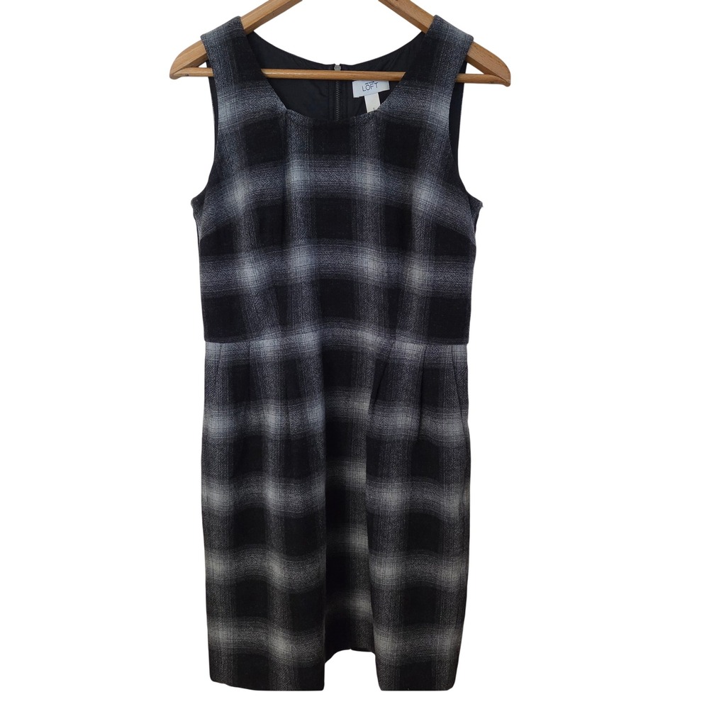 Ann Taylor LOFT Black Grey Plaid Wool Blend Sheath Dress 6 Dark Academia